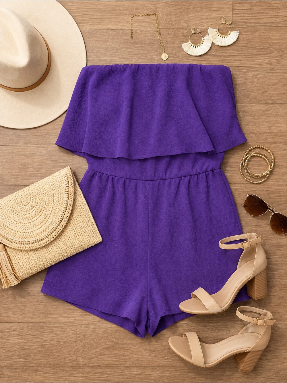 BuddyLove Andrews Purple Strapless Ruffle Popover Romper NWT S M L
